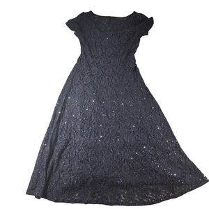 SLNY Dress Womens 6 Navy Blue Lace Sequin Short Sleeve Fit Flare Party Formal